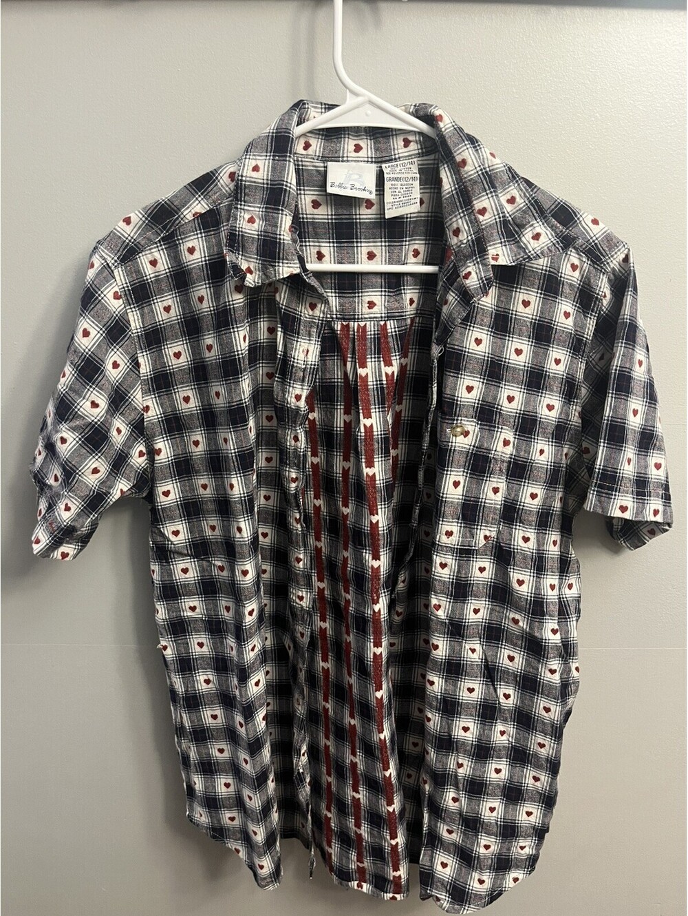 VINTAGE Bobbie Brooks Large Plaid Short Sleeve Button Up Heart Pattern Shirt